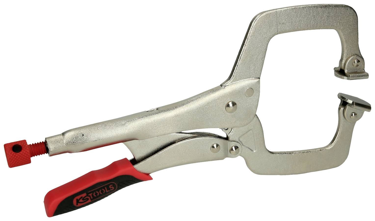 Metallischer Greifzwinge mit rotem Griff, geeignet zum Halten und Fixieren von Materialien beim Schneiden oder Bearbeiten.