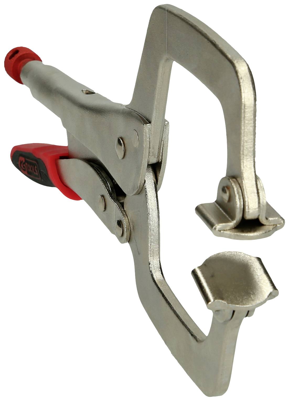 Metallzwinge mit rotem Griff, geöffnet, zeigt Greifzange für das Festhalten von Materialien.