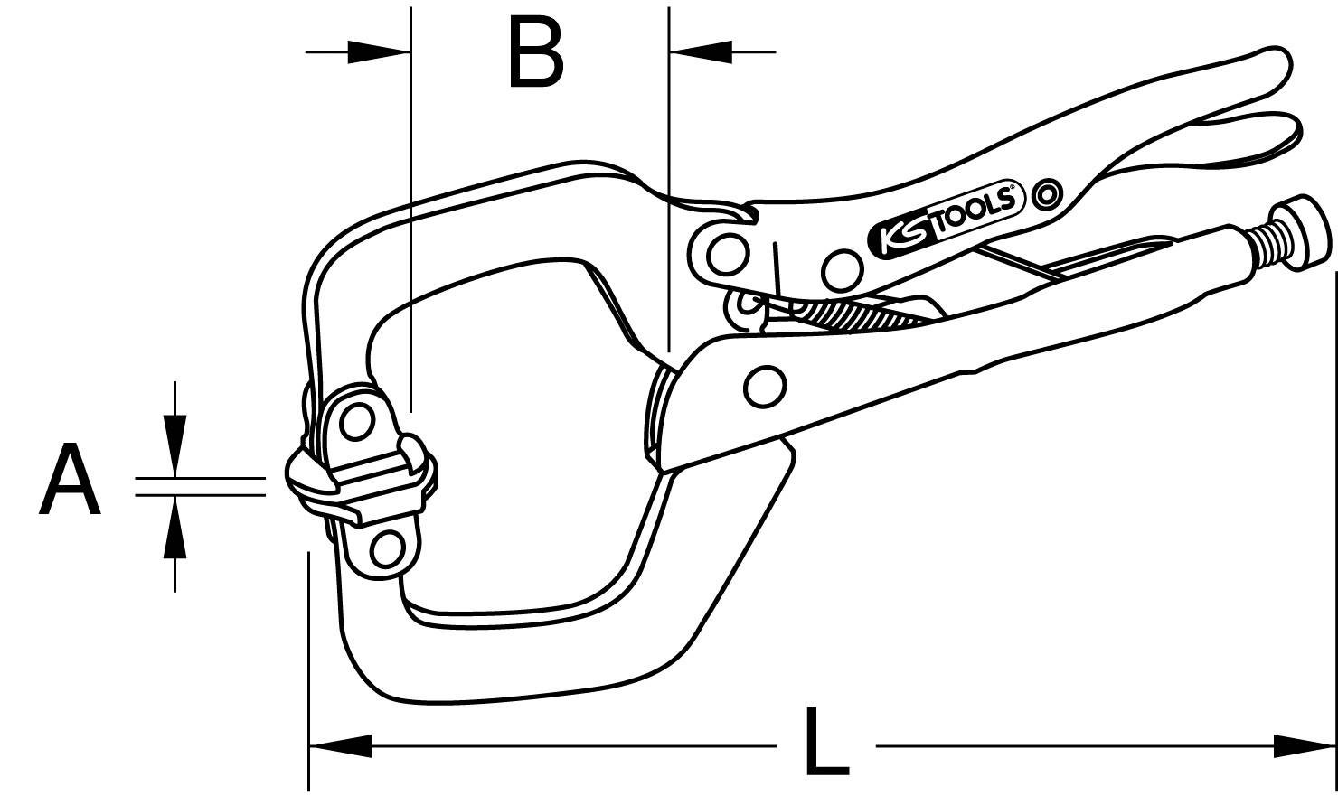 'KS Tools C-Schweisszwinge' mit Abmessungen: A (Öffnungshöhe), B (Tiefenmaß), L (Länge). Werkzeug mit Einstellschraube für fixierende Anwendungen.