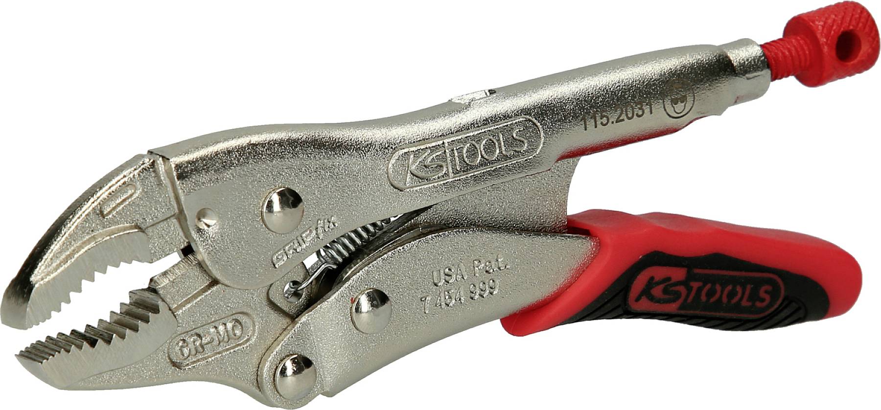 Metallische Gripzange mit rotem Gummigriff und Markenaufschrift, geeignet für festes Greifen und Halten von Objekten.