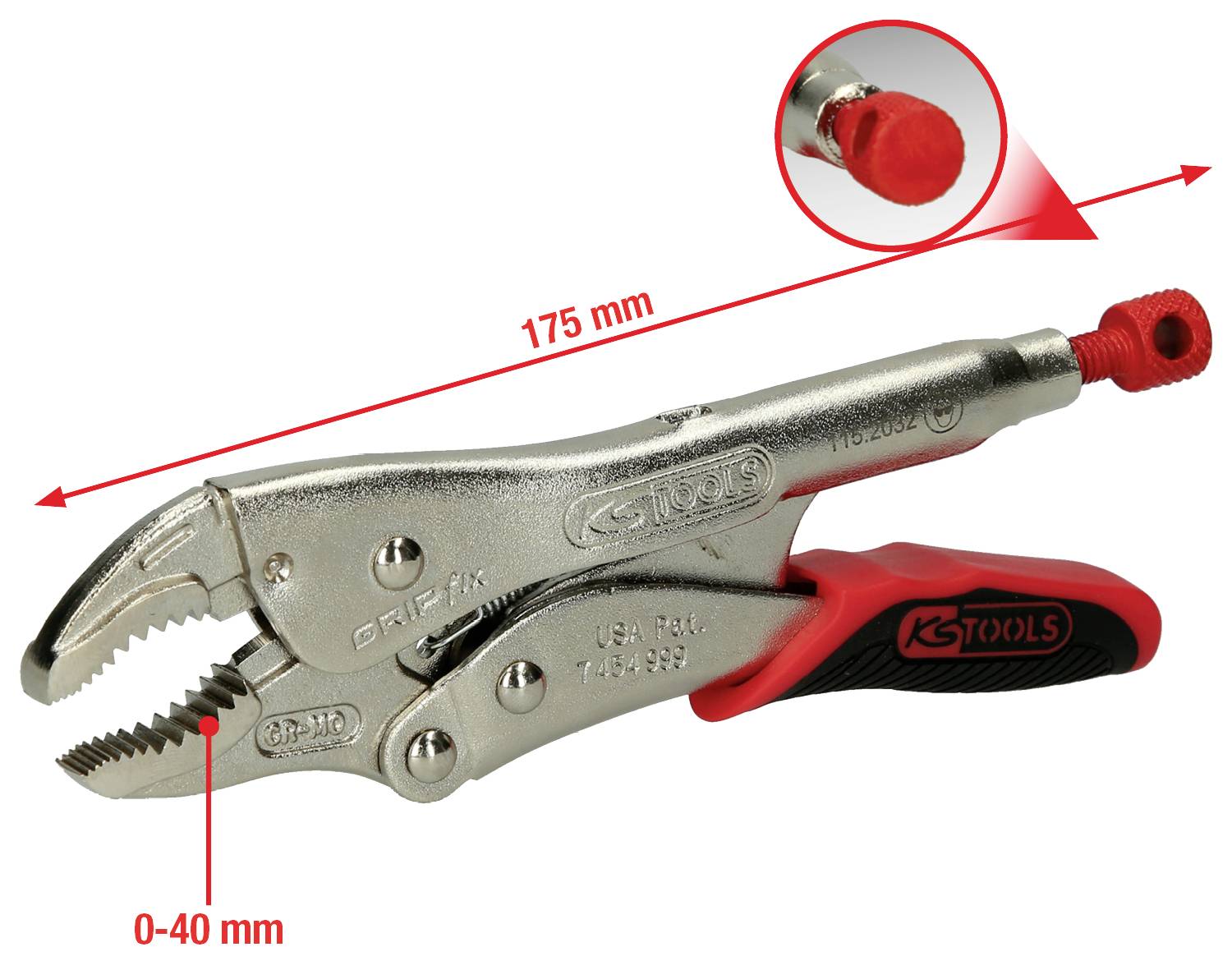 Eine silberne Greifzange der Marke KS Tools, 175 mm lang, mit rotem Griff und Gradskala von 0-40 mm zur Größenanpassung.