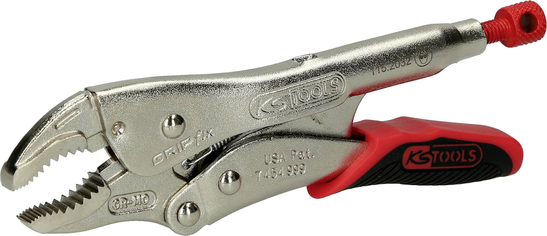 Metallschraubzwinge mit rotem Griff und KS Tools Logo, geöffnet und bereit zum Greifen. Ideal für mechanische Arbeiten.