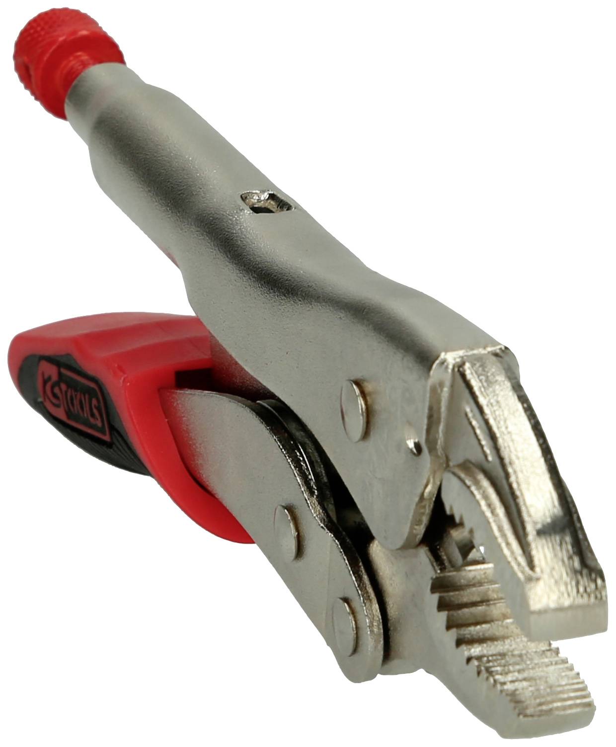 Eine silberne Rohrgriffzange mit einem roten Griff und verstellbarer Backe, geeignet zum Halten und Drehen von Rohren oder Bolzen.