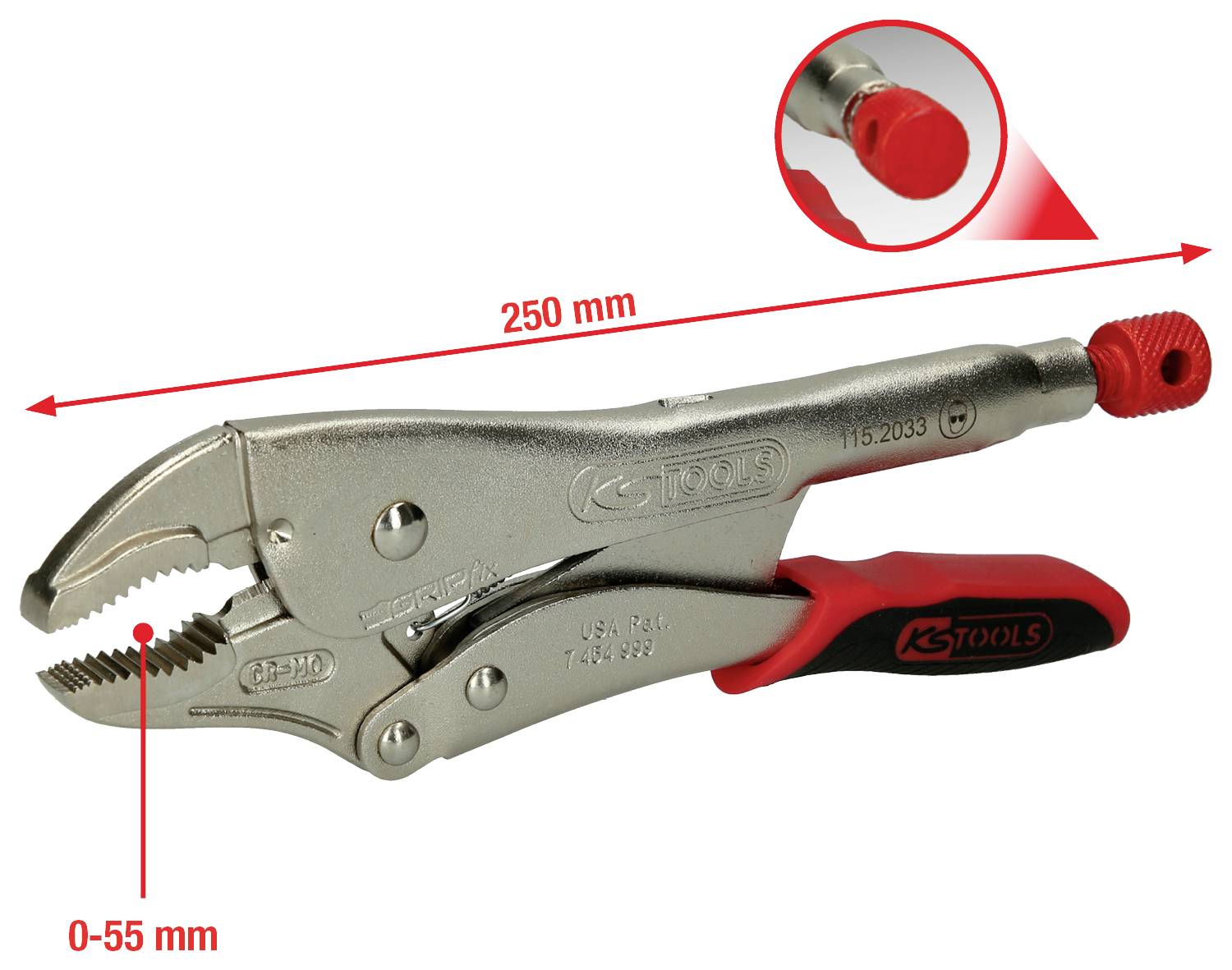 Eine verstellbare Zange mit einer Länge von 250 mm und einer Spannweite von 0-55 mm. Detailansicht eines roten Einstellknopfs.