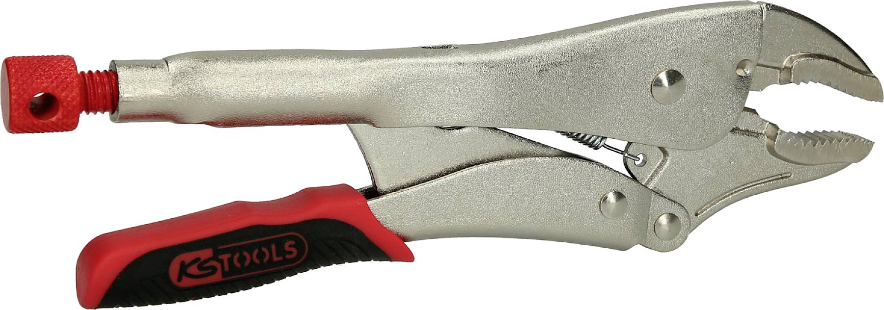 Silberne Feststellzange mit rotem Griff.