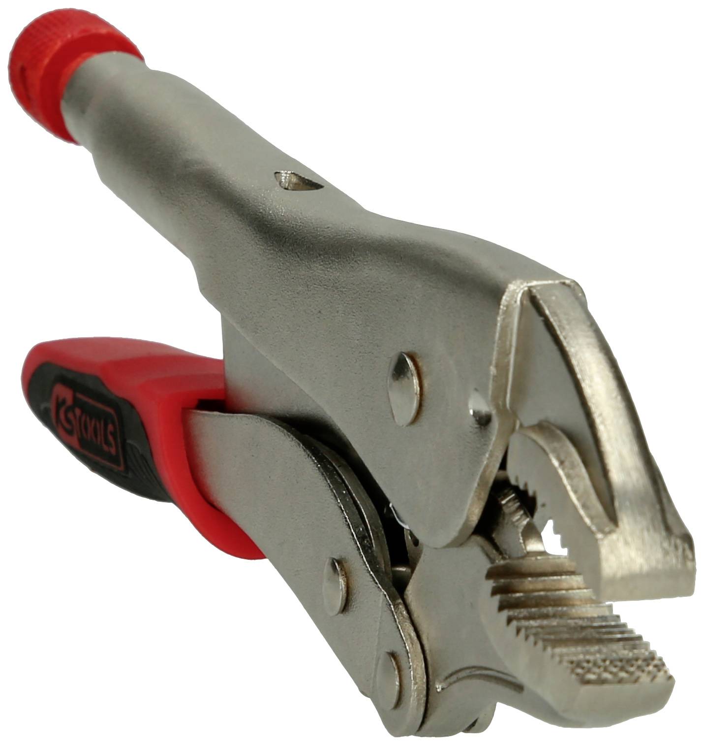 Vise-Grip-Zange mit rotem Griff, geöffnet. Verwendet zum Festhalten oder Greifen von Gegenständen.
