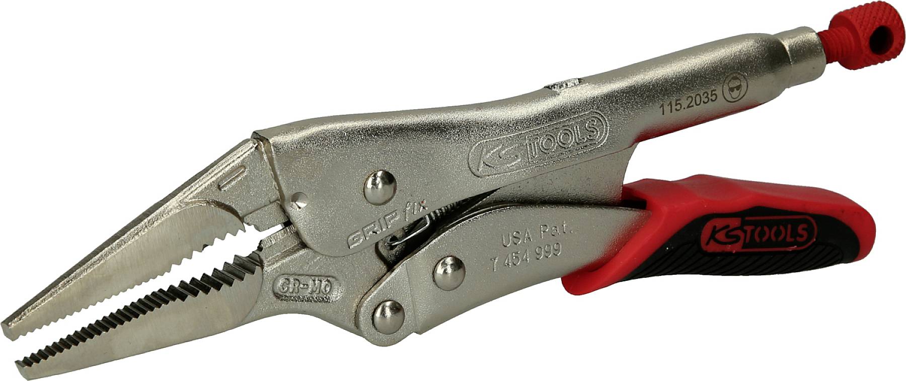 Silberne Feststellzange mit rotem Griff, geeignet zum Greifen und Halten von Objekten.