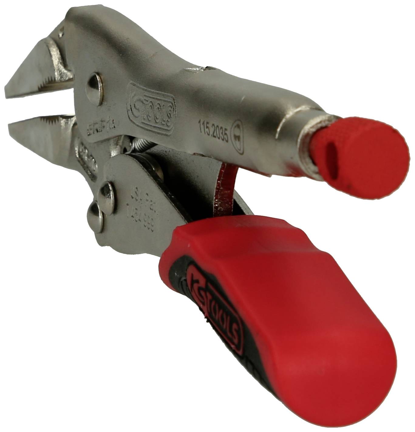 Die Abbildung zeigt eine silberne Feststellzange mit roten Gummispitzen und einem Griff aus Metall und Kunststoff.