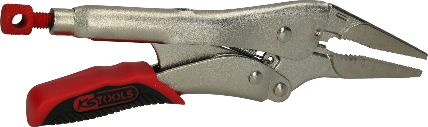 Eine silberne Klemmzange mit rotem Griff und der Aufschrift 'KS TOOLS'.