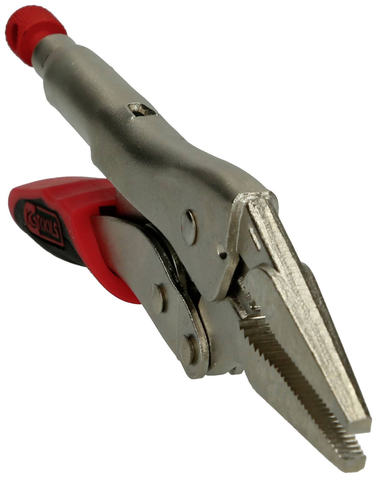 Silberne Zange mit rotem Griff in Nahaufnahme, zeigt die gezahnte Greiffläche und das markante Design zur besseren Handhabung.