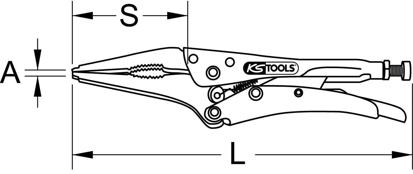 Zeichnung einer Feststellzange mit den Maßen: A (Maulöffnung), S (Backenlänge), L (Gesamtlänge). Markierung des Firmennamens KS Tools.