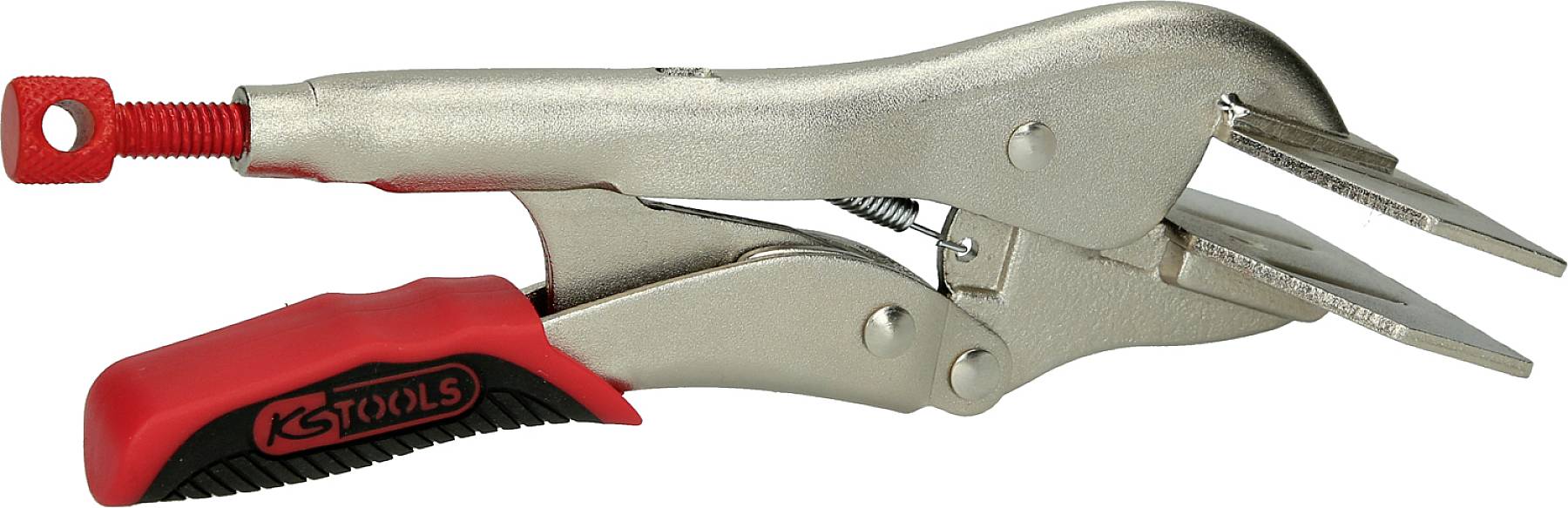 Metallische Feststellzange mit rotem Griff, geeignet zum Greifen und Halten von Objekten bei handwerklichen Arbeiten.