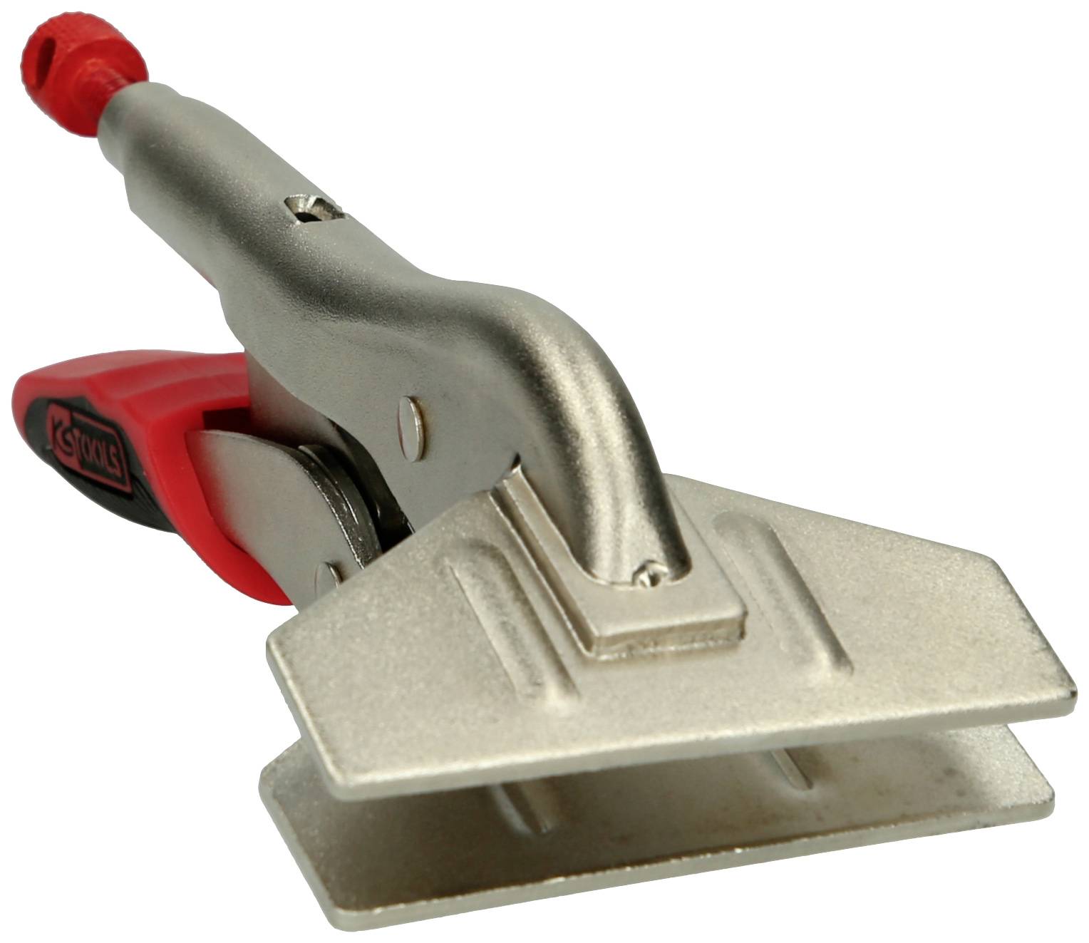Metallische Flachzange mit rotem Griff, oft verwendet zum Greifen oder Fixieren von Werkstücken in der Holz- und Metallbearbeitung.