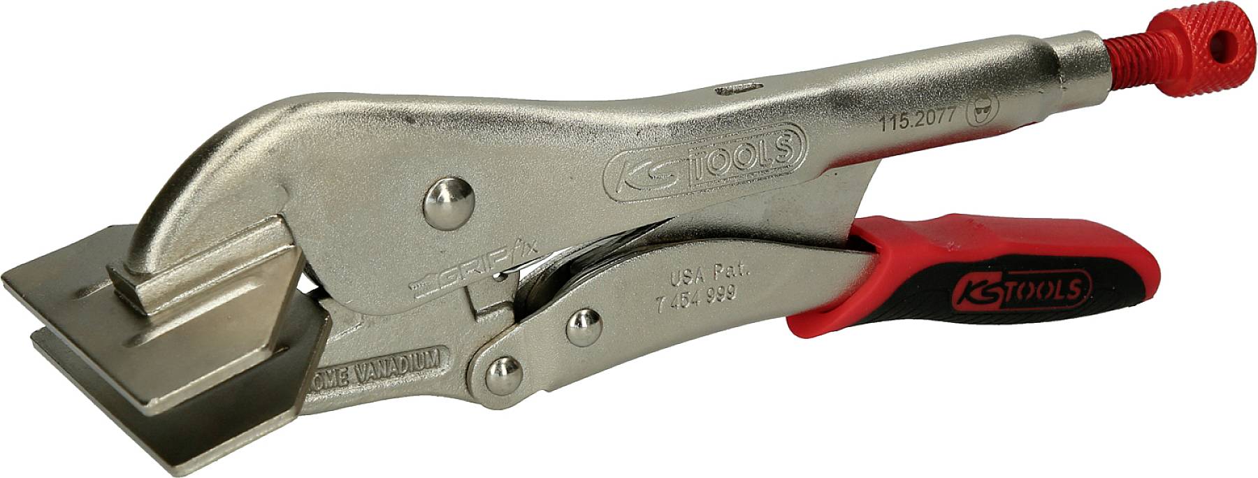 Metallische Klemmzange mit rotem Griff und flachem, breitem Greifbereich, geeignet für präzises Halten und Fixieren von Werkstücken.
