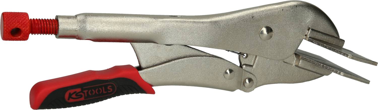 Zange aus Metall mit rotem Griff, Spannschraube und rutschfester Beschichtung. Werkzeug für festen Halt und präzises Greifen.