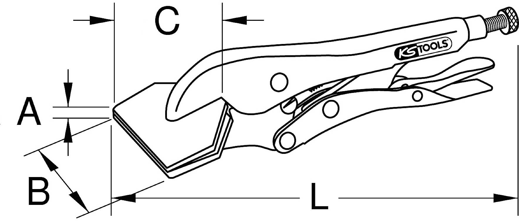 Eine Zange mit gebogener Klemmfläche. Abmessungen A, B, C, und L sind gekennzeichnet. Rechts oben ist das Logo von KS Tools sichtbar.