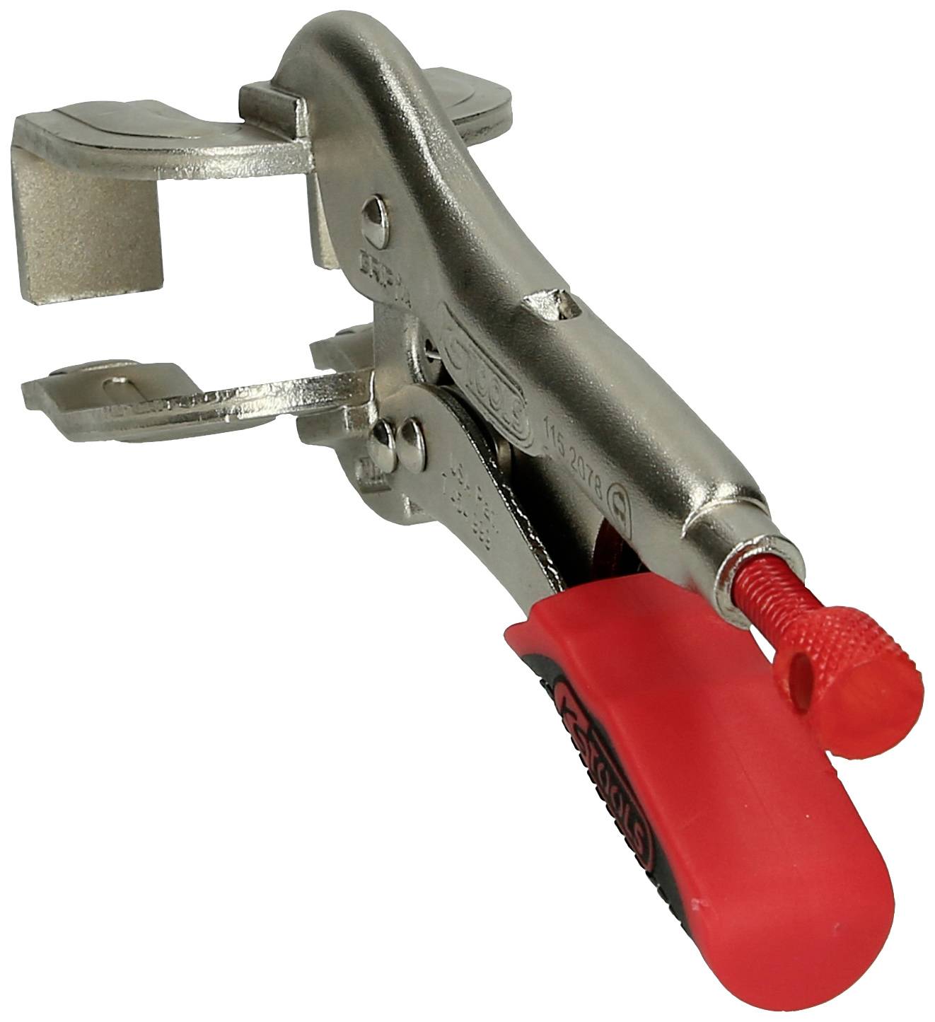 Metallzwinge mit rotem Kunststoffgriff, geeignet zum schnellen Fixieren bei Arbeiten. Stabiler Hebelmechanismus für sicheren Halt.