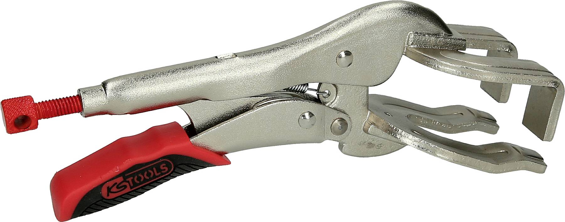 Metallische Klemmzange mit rotem Griff liegt auf der Seite. Enthält ein Logo auf dem Griff.