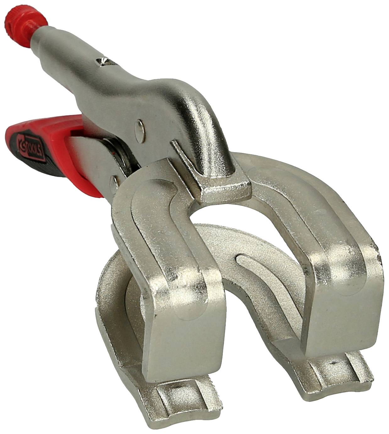 Metallische Klemme mit rotem Griff, von oben betrachtet. Eignet sich zum Halten oder Fixieren von Gegenständen in Werkstätten.