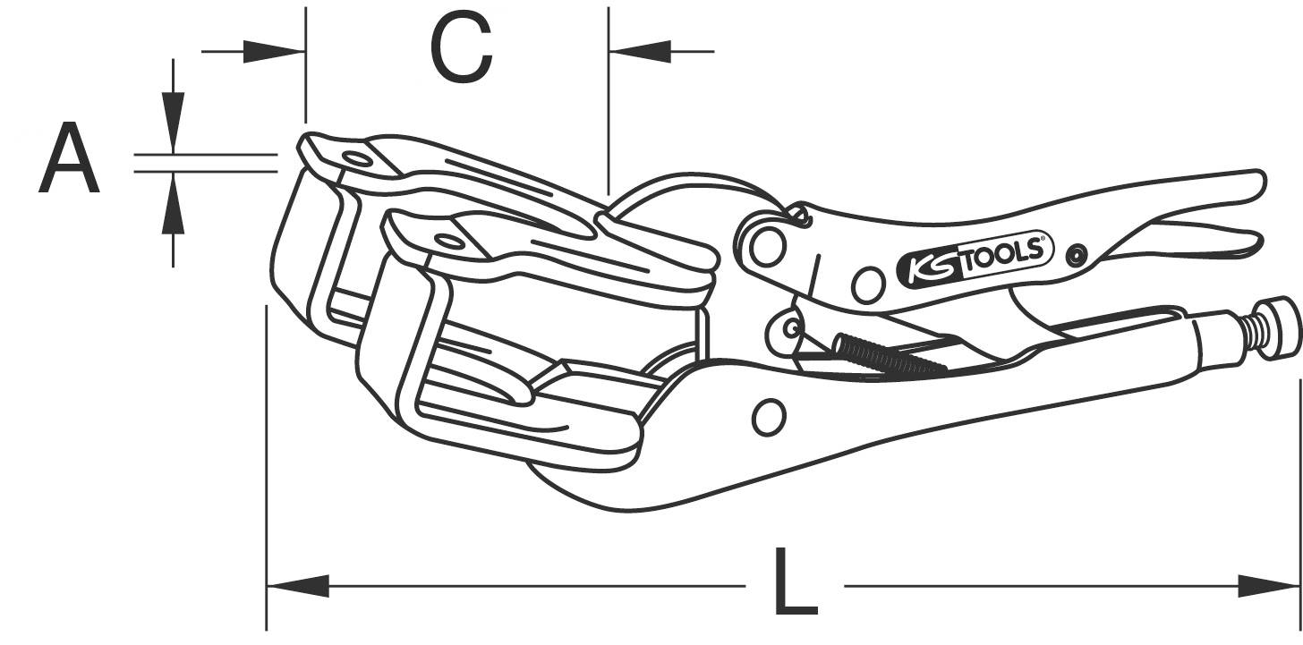 Zeichnung einer Klemmschelle mit Beschriftungen: A für Breite der Backen, C für Öffnung der Backen, L für Gesamtlänge des Werkzeugs.