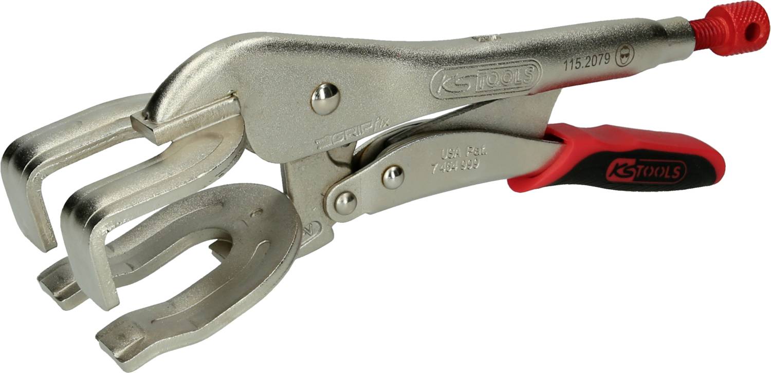 Eine Metall-Greifzange mit rotem Griff und doppeltem Greifkopf, geeignet für Werkstattanwendungen. Markiert mit 'KS TOOLS'.