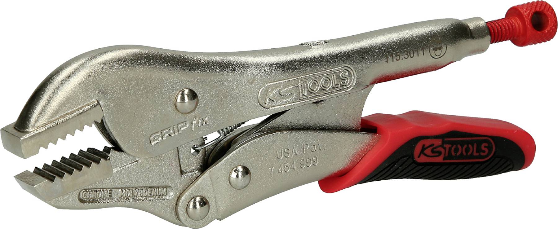 Metallverstellzange mit roten und schwarzen Griffen, geeignet zum Festhalten und Lösen von Objekten verschiedener Größe.