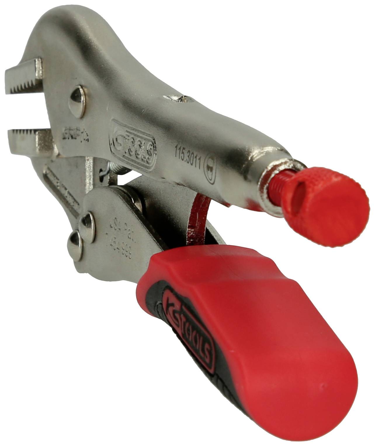 Metallische Feststellzange mit rotem Griff in geschlossener Position, geeignet zum Greifen und Festhalten von Gegenständen.