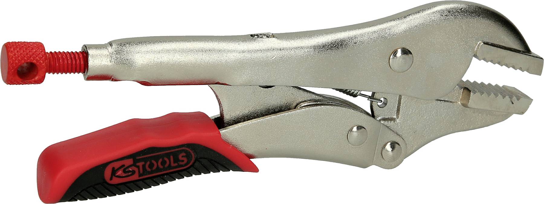 Eine silberne Feststellzange mit rotem Griff. Ideal zum Greifen und Halten von Objekten. Markierung 'KS TOOLS' auf dem Griff.