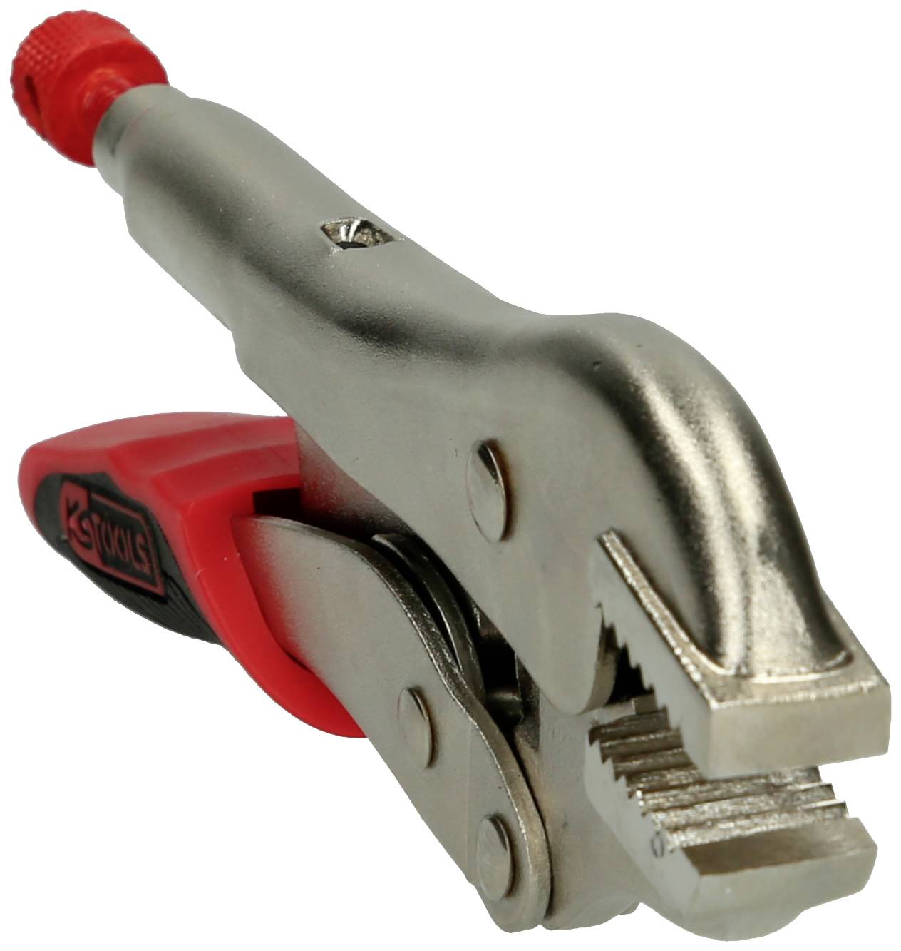 Eine silberne Rohrzange mit rotem Griff. Sie hat geriffelte Backen zur besseren Griffkontrolle und ist für Klempnerarbeiten geeignet.