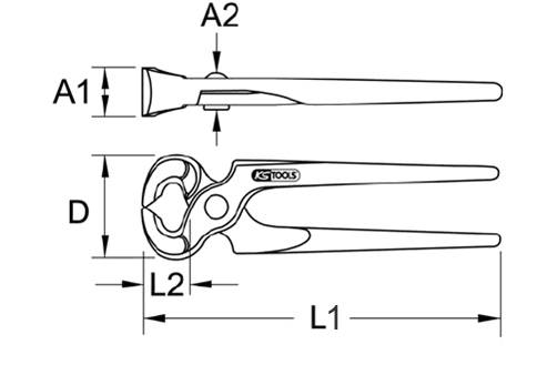 Handzeichnung einer Beißzange mit Markierung der Maße: A1, A2, L1, L2, und D. Werkzeugaufschrift 'KS TOOLS'.