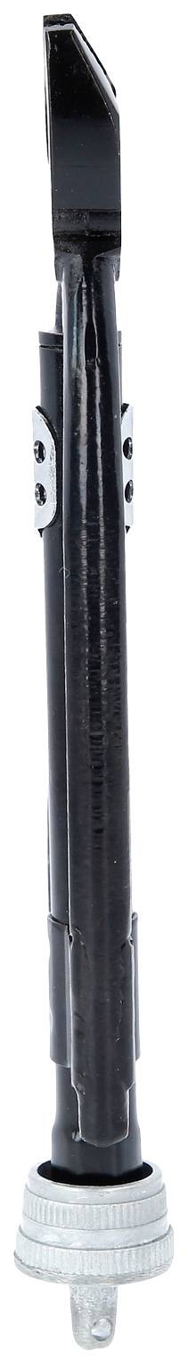 Ein schwarzer Kunststoff-Siphonadapter für Waschbecken, mit rundem grauem Anschlussstück am unteren Ende.