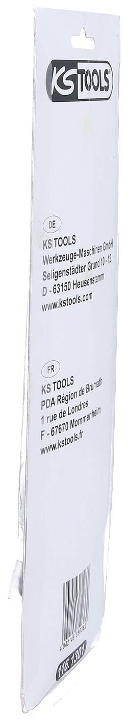 Verpackung eines Werkzeugs von KS Tools mit Firmenlogo und Website, Details über Standort in Deutschland und Broschüre enthalten.