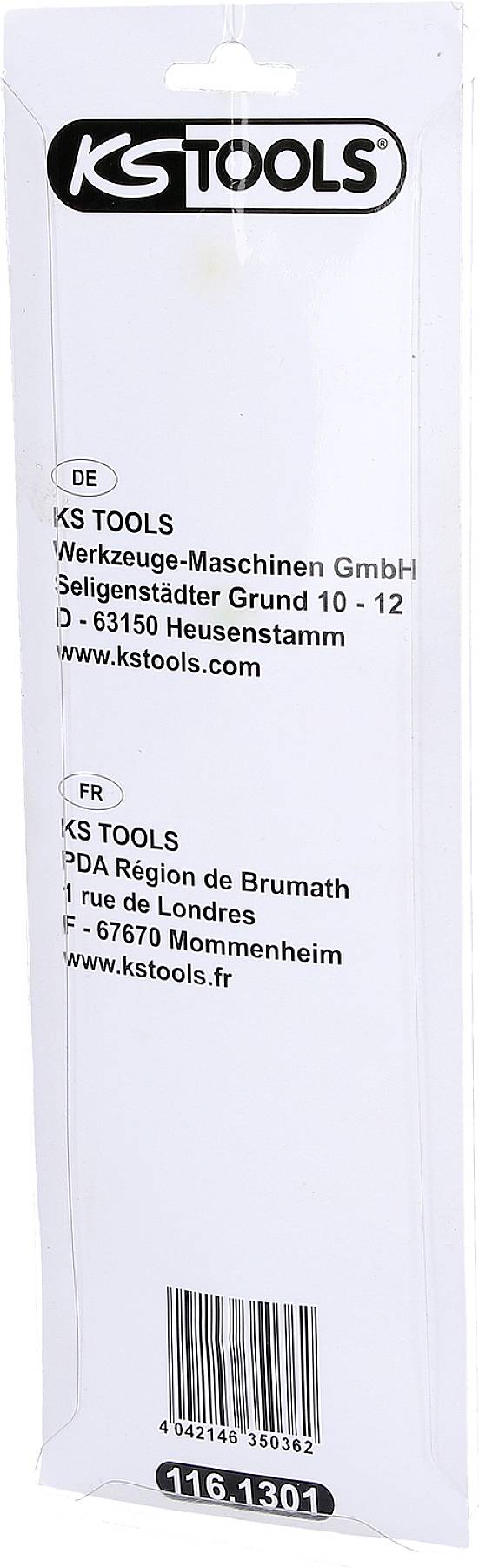 Verpackung für KS TOOLS, zeigt Adresse der Niederlassungen in Deutschland und Frankreich. Enthält Website und Produktnummer 116.1301.