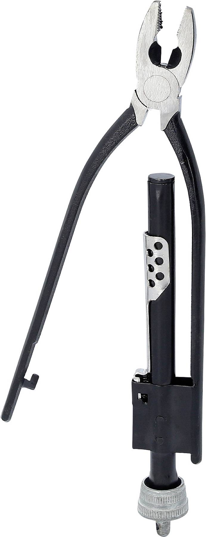 Eine schwarze, metallene Zange mit einem silbernen, verstellbaren Mechanismus und gerändeltem Drehknopf für präzise Arbeiten.