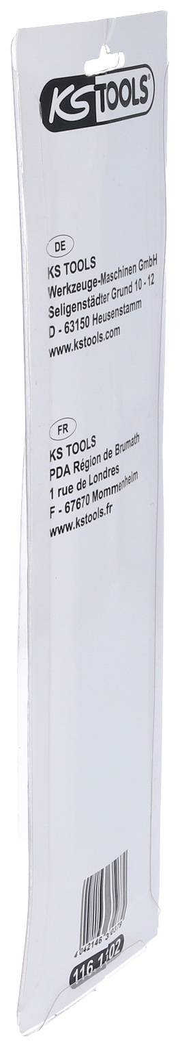 Verpackung eines KS Tools Werkzeugs, rechteckige Form, mit der Adresse in Deutschland und Frankreich, Webseite www.kstools.com.