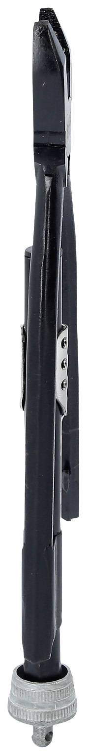 Ein schwarzer Handhebel, typischerweise für Maschinen oder Werkzeuge verwendet, mit einem metallischen Gewinde am unteren Ende.