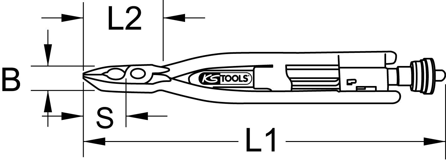 Diagramm einer Spitzzange mit Beschriftungen: 'L1', 'L2', 'B', 'S'. KSTOOLS-Logo sichtbar. Teile und Maße der Zange dargestellt.