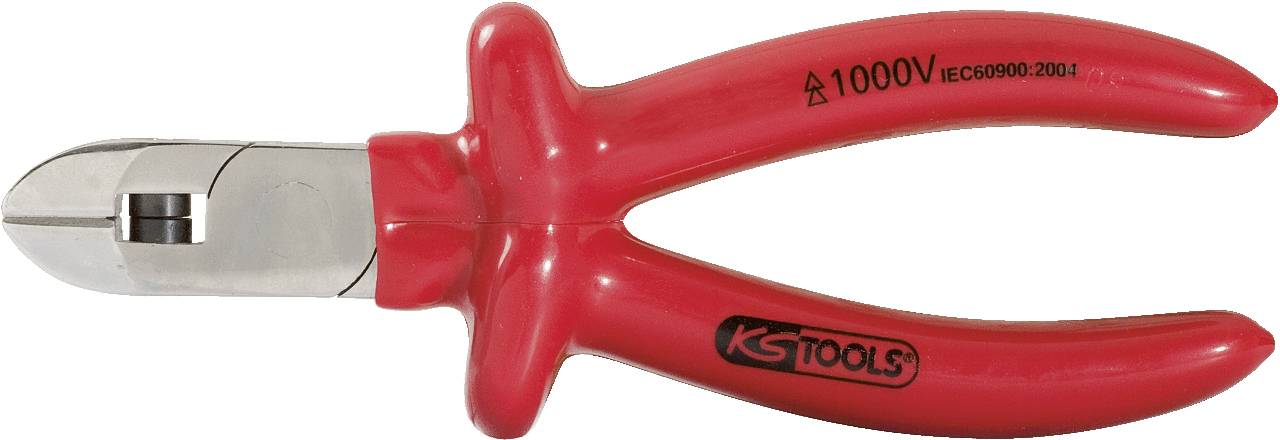 Eine rote VDE-isolierte Kneifzange mit der Aufschrift '1000V', geeignet für elektrische Arbeiten bis 1000 Volt, liegt auf einem weißen Hintergrund.