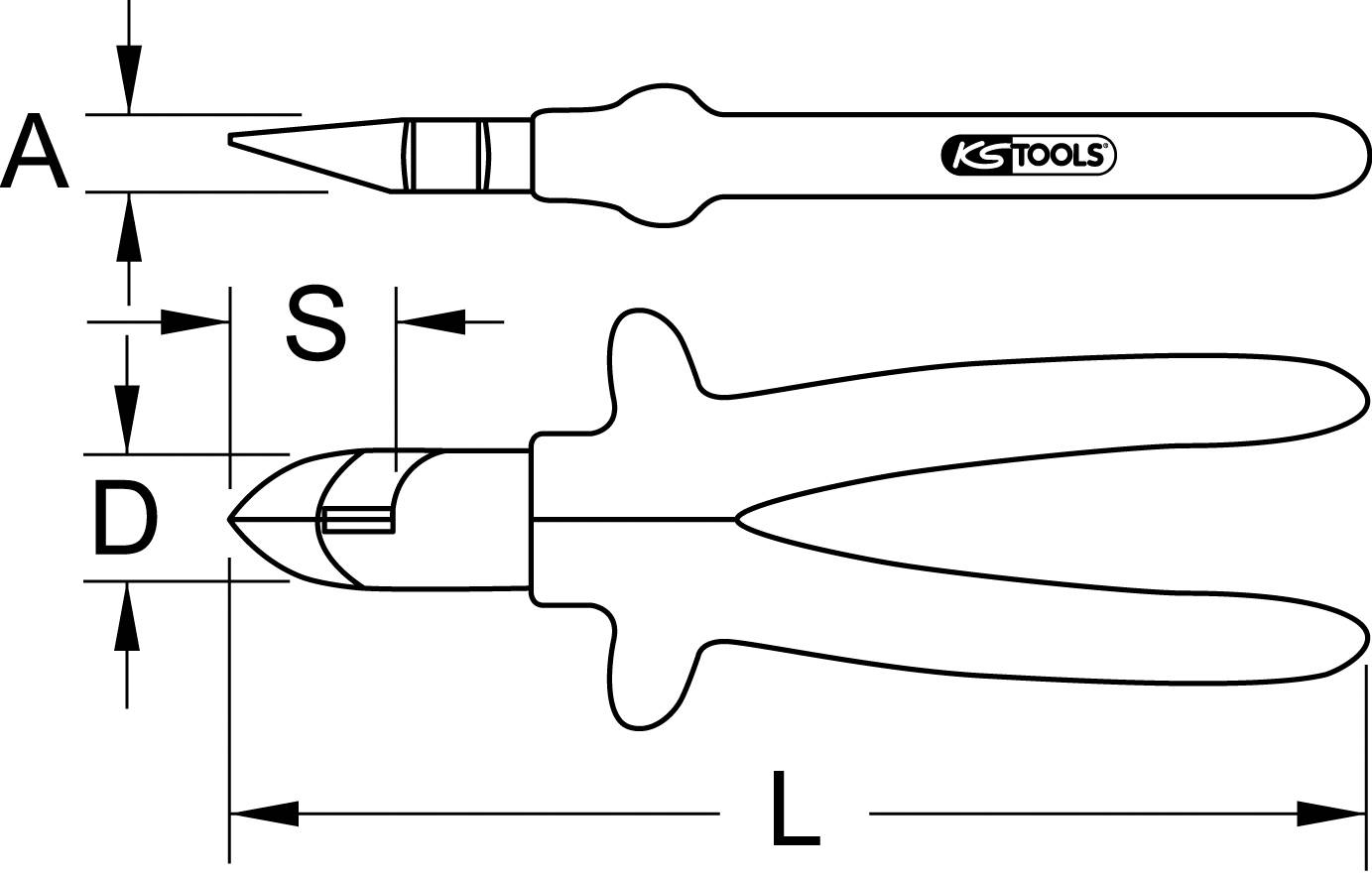 Zeichnung eines Seitenschneiders von oben und von der Seite. Markierungen für Länge (L), Schneidenabstand (S) und Schneide (D).