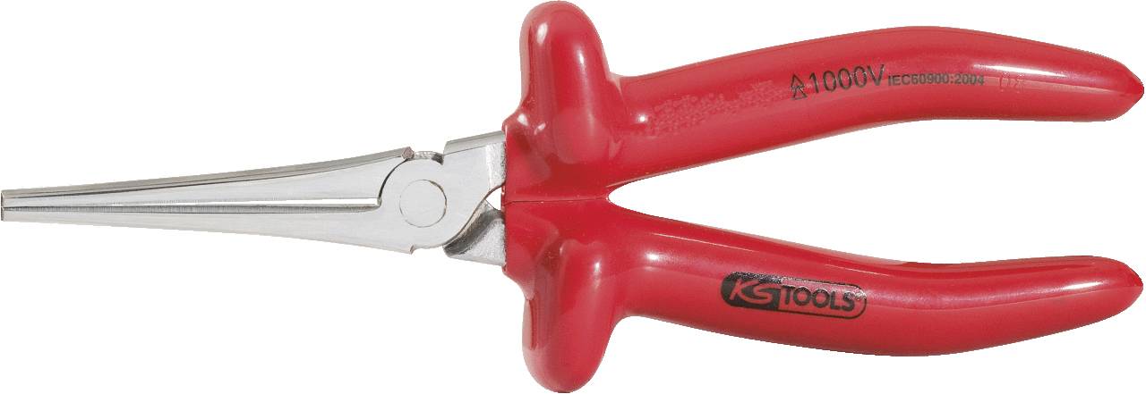 Rote isolierte Spitzzange mit Metallspitzen und Kunststoffgriffen, geeignet für Elektroarbeiten durch isolierten Griff bis 1000V.