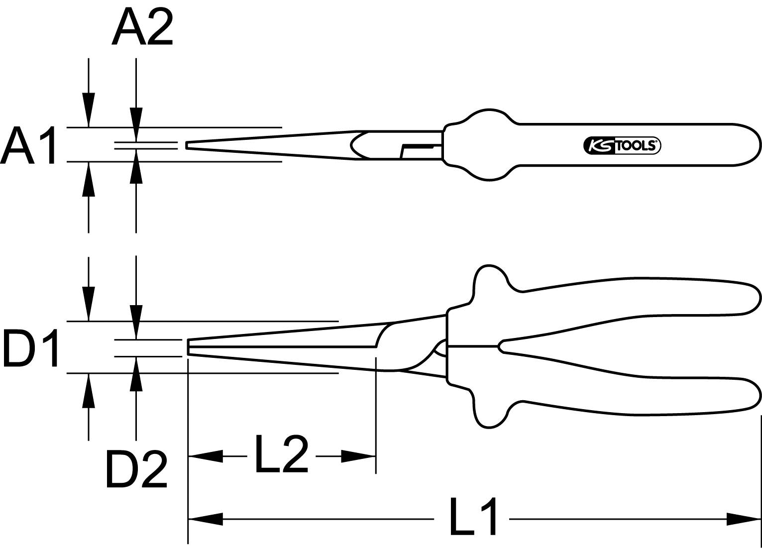 Zeichnung zeigt zwei Zangengeometrien. Obere Zange hat feinere Spitzen, beschriftet mit 'A1', 'A2'. Untere Zange hat dickere Griffe, beschriftet mit 'D1', 'D2'. Längen 'L1', 'L2' werden gezeigt.