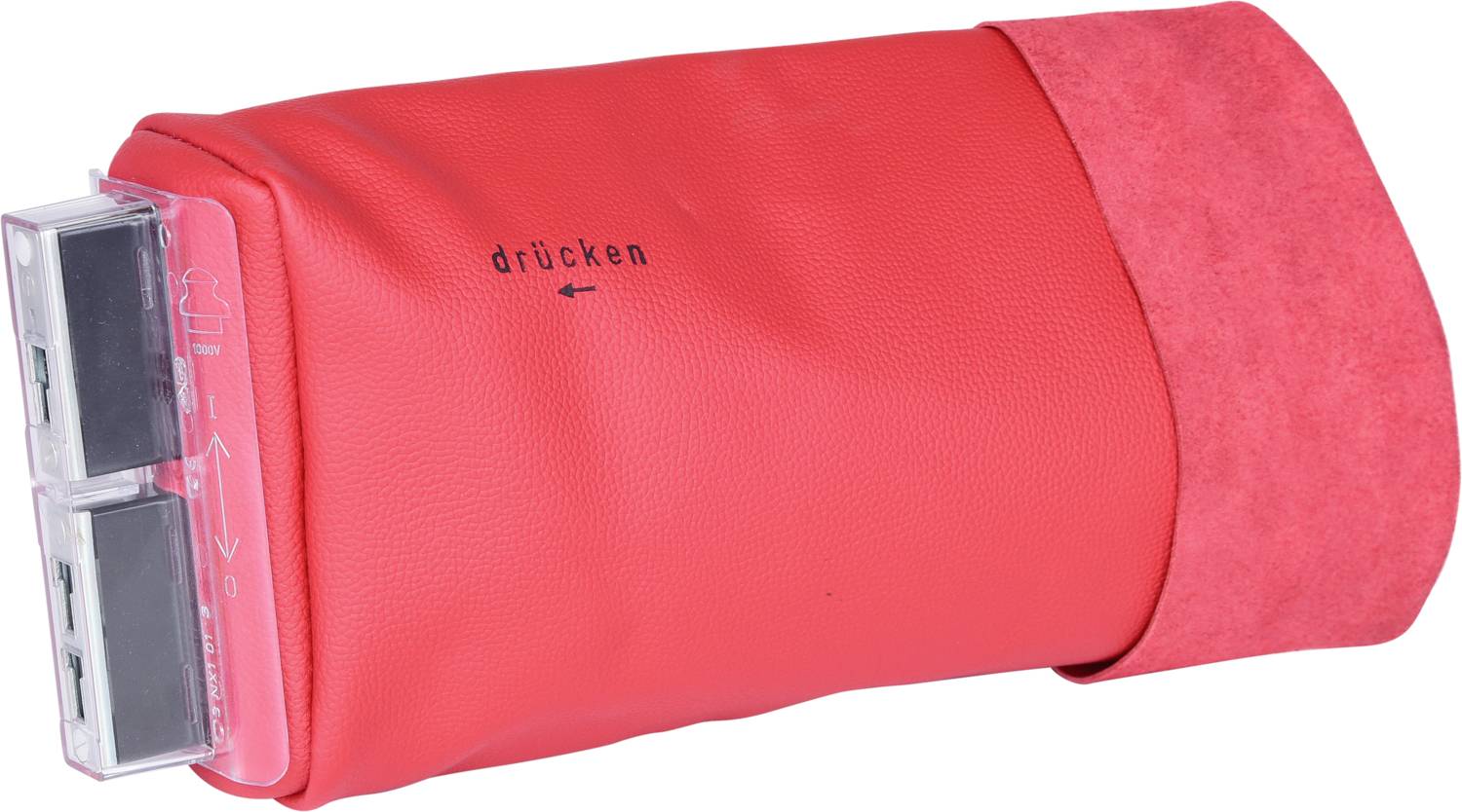 Roter Handwärmer mit zwei USB-Anschlüssen und der Aufschrift 'drücken'. Ideal zum Aufwärmen und gleichzeitigen Laden von Geräten.