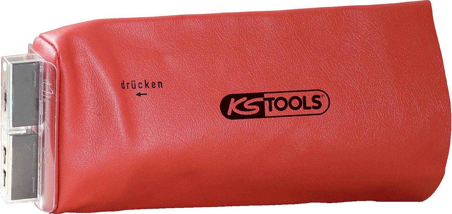 Ein rotes KS Tools Airbag-Sicherheitskissen mit der Aufschrift 'drücken'. Dient zur Sicherung von Gegenständen während der Arbeit.