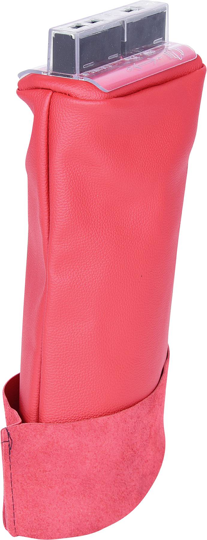 Ein rotes Brillenetui mit abgehobenem Verschluss. Es hat eine rosa Innenverkleidung und einen transparenten Deckel.