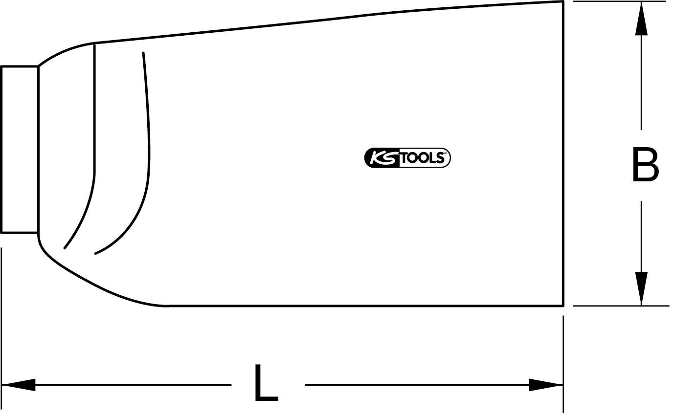 Diagramm eines Werkzeugaufsatzes der Marke 'KS Tools' mit den Maßen L (Länge) und B (Breite), seitliche Ansicht.