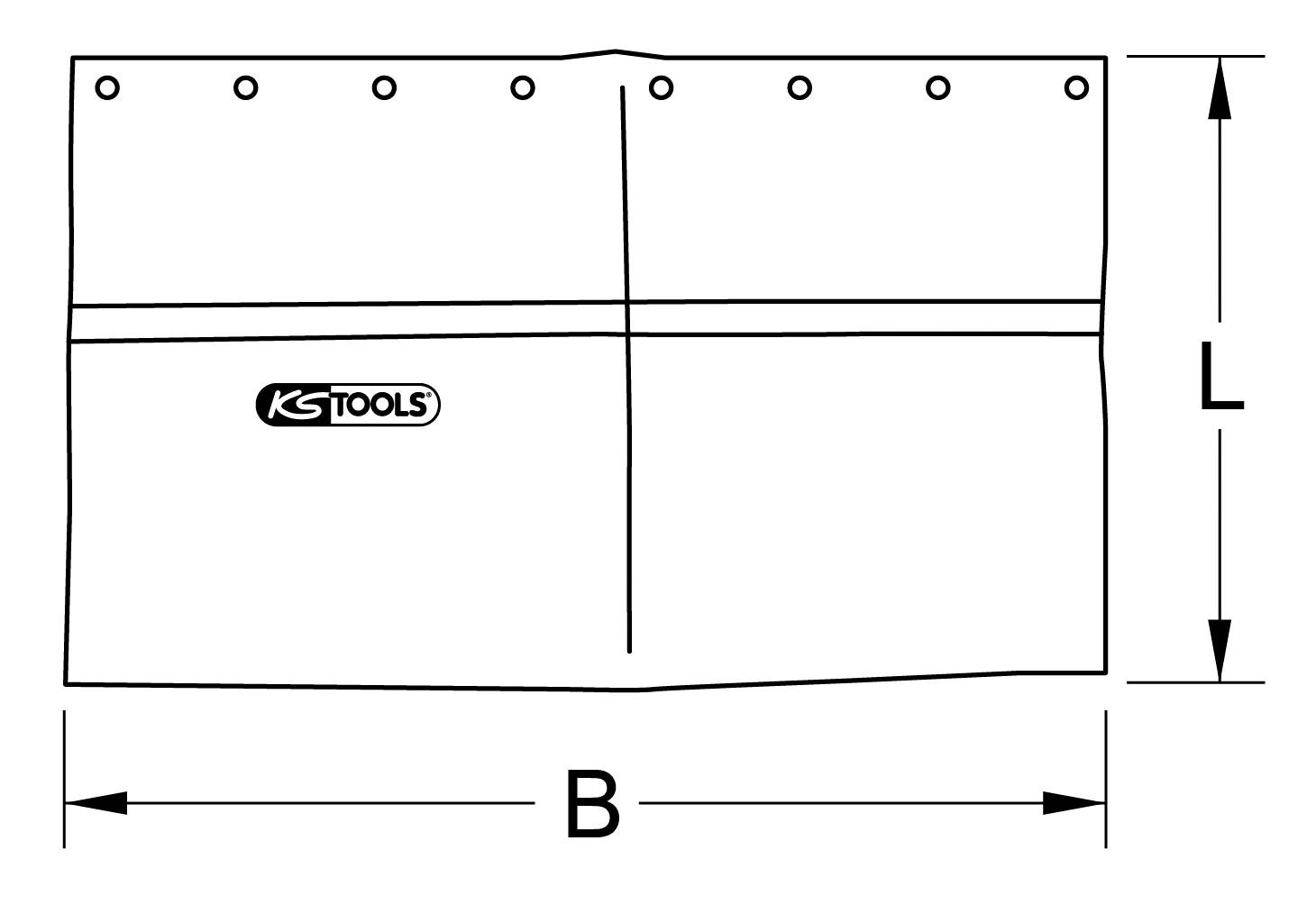 Abdeckung mit Ösen zum Aufhängen. Markiert mit 'KS TOOLS'-Logo. Maße: Breite (B), Länge (L).