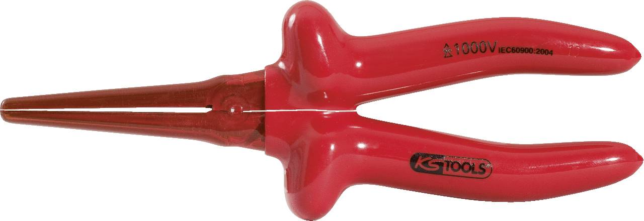 Rote, isolierte Spitzzange mit zwei Griffen, geeignet für Arbeiten mit hoher Spannung. Markiert mit 'GS Tools' und '1000V'.