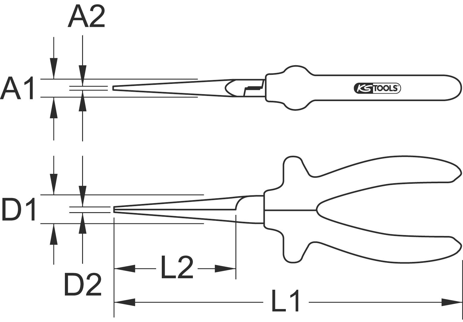 Zwei technische Zeichnungen von Zangen mit Maßangaben: A1, A2, D1, D2, L1, L2. Oben lange Spitze, unten kürzere und breitere Griffe.