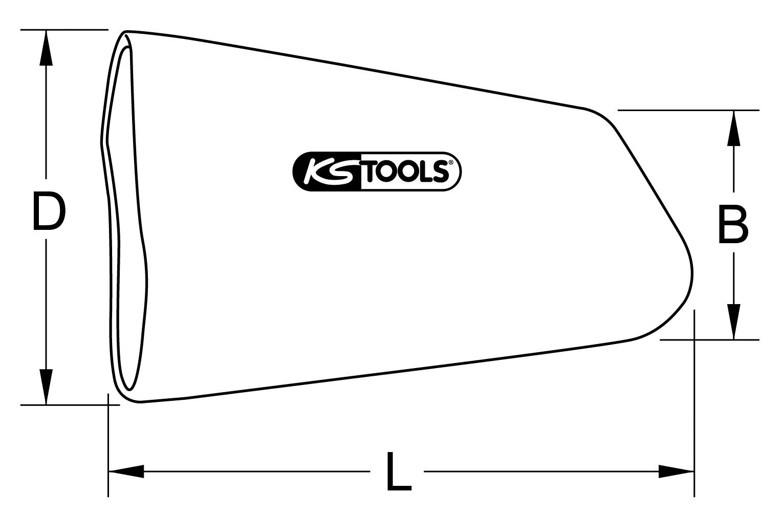Skizze eines Abgasschlauchs von KS Tools mit Maßangaben: Länge (L), Breite (B), Durchmesser (D).