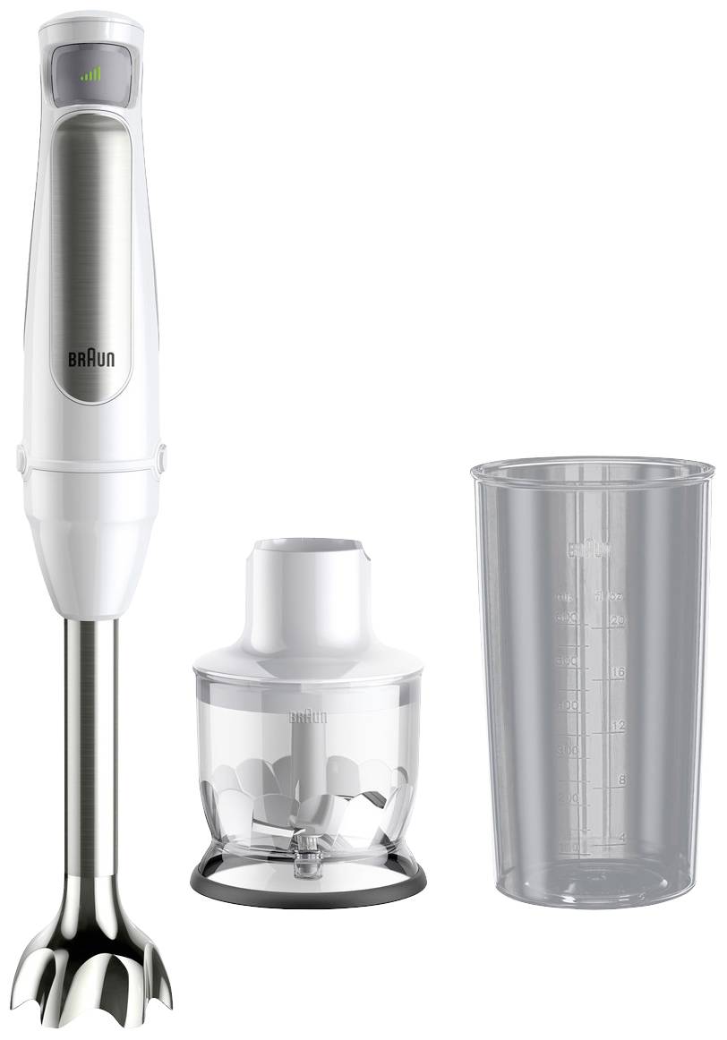 Ein Stabmixer-Set mit Pürierstab, Zerkleinerer und Messbecher. Der Mixer ist weiß mit einem Edelstahlakzent.